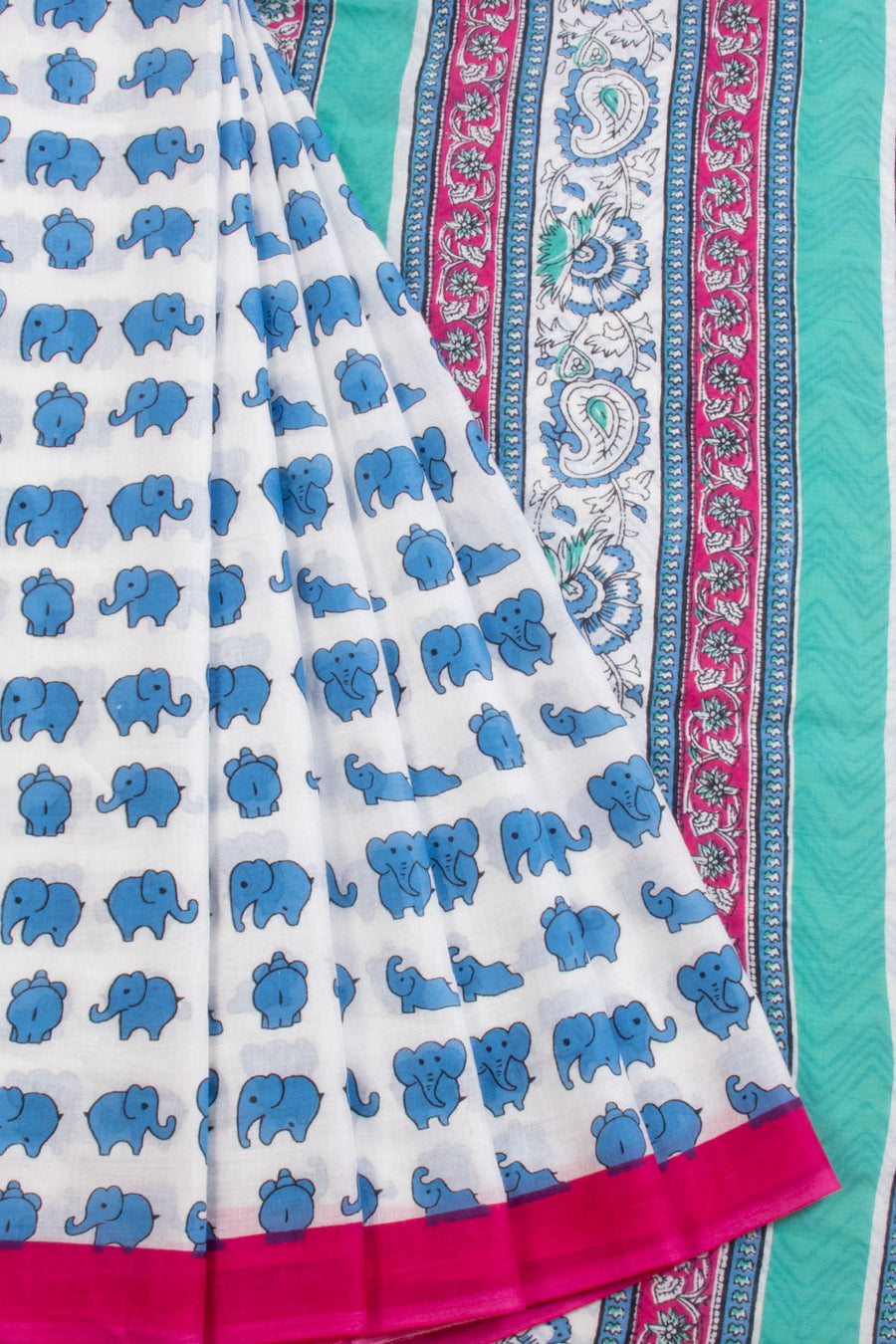 White Hand Block Printed Cotton Saree 10069090 - Avishya
