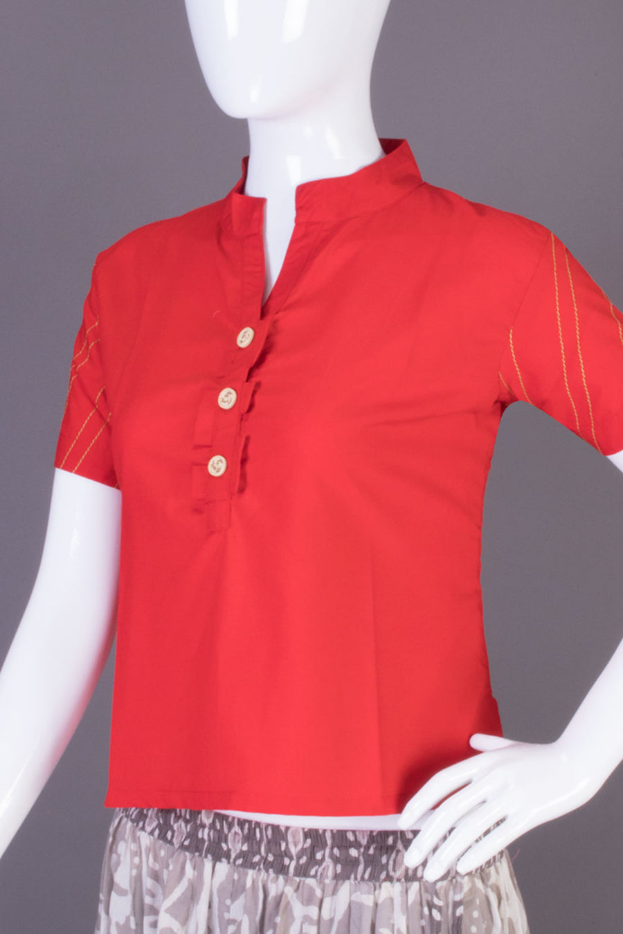 Red Chinese Collar Cotton Crop Top - Avishya