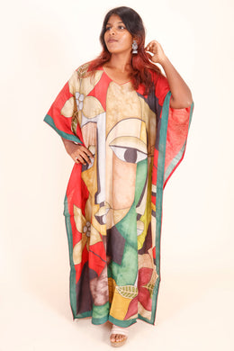 Red Khadi Handpainted Tussar Silk Kaftan 10070461