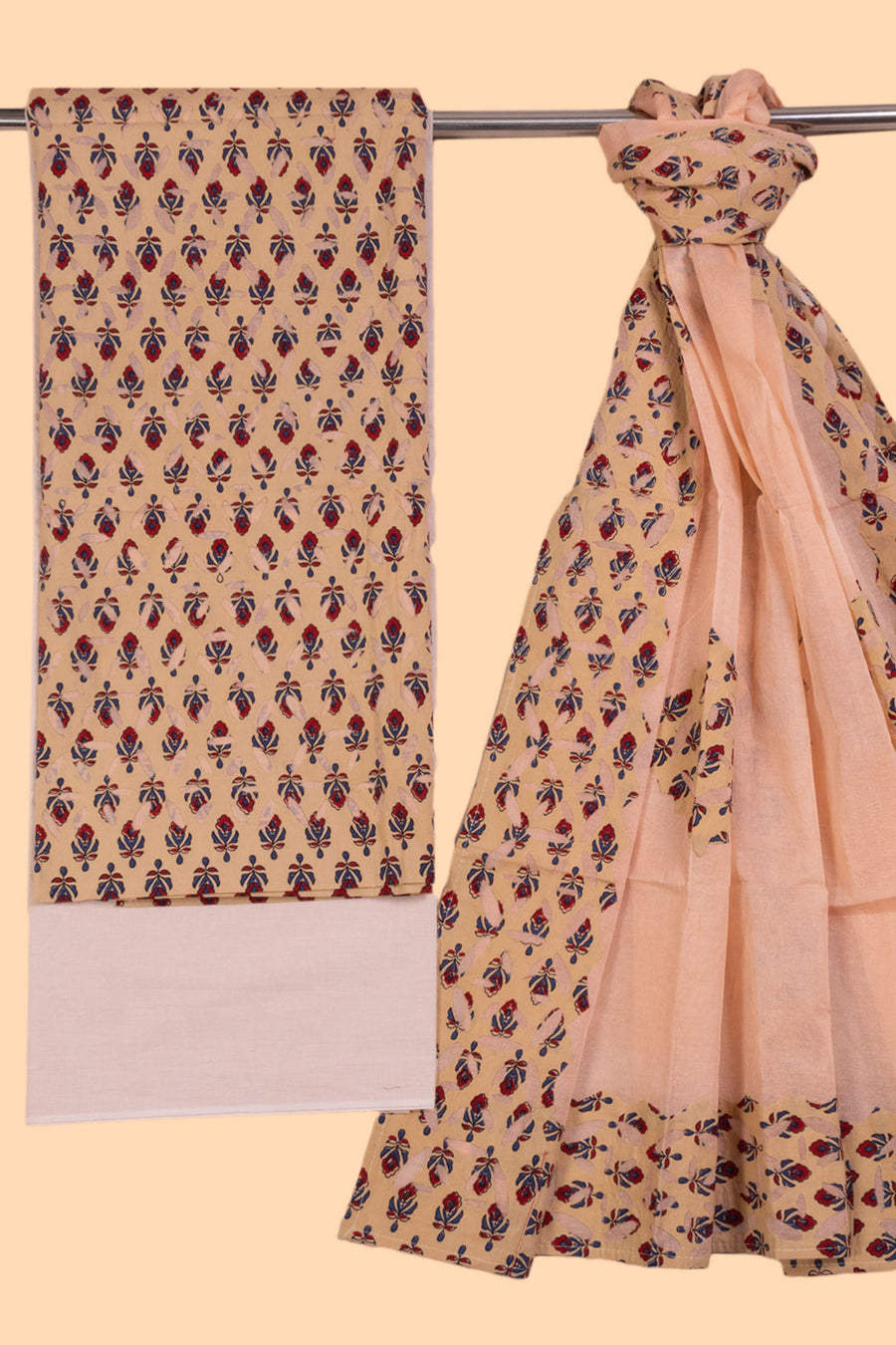 Beige Barmer Applique Embroidered Cotton 3 Piece Salwar Suit Material 10070167