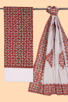 Scarlet Red  Ajrakh Printed Cutwork Applique Embroidered Cotton 3 Piece Salwar Suit Material 10070164