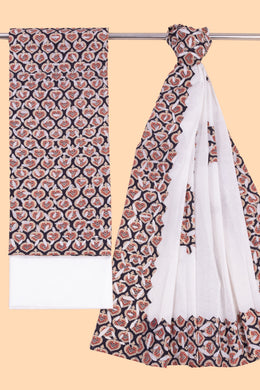 White  Ajrakh Printed Cutwork Applique Embroidered Cotton 3 Piece Salwar Suit Material 10070185