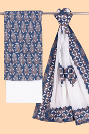 Azure Blue  Ajrakh Printed Cutwork Applique Embroidered Cotton 3 Piece Salwar Suit Material 10070176