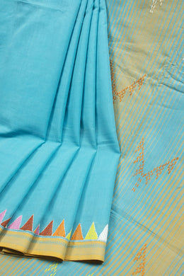 Blue Kantha Embroidered Cotton Saree- Avishya