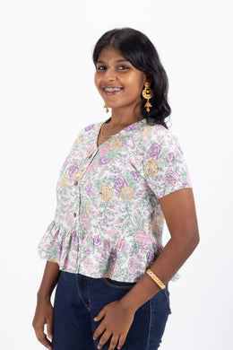 White Hand Block Printed Cotton Crop Top 10074288