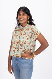 Green Hand Block Printed Cotton Crop Top 10074292