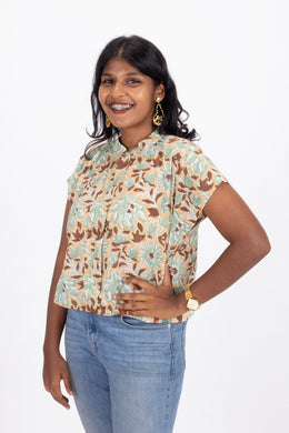 Green Hand Block Printed Cotton Crop Top 10074292