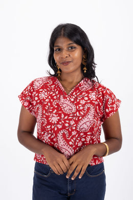Red Hand Block Printed Cotton Crop Top 10074304