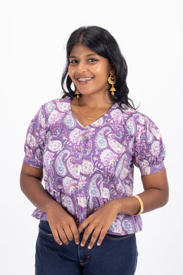 Purple Hand Block Printed Cotton Crop Top 10074309