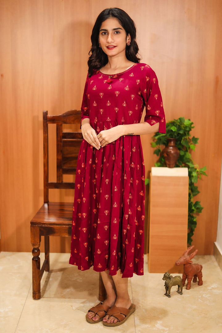 Red Hand Embroidered Cotton Dress 10062646