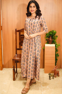 Peach Hand Block Printed Cotton Dress 10062648