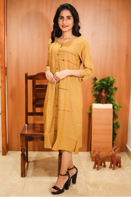 Mustard Yellow Embroidered Cotton Dress 10062681