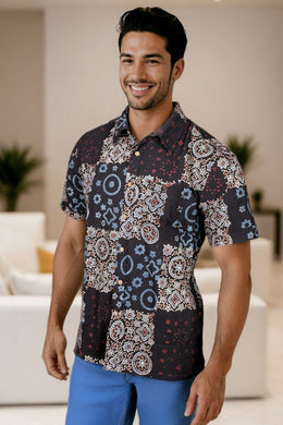 Black Half Sleeve Ajrakh Printed Cotton Mens Shirt 10072989