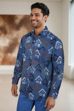 Blue Full Sleeve Ajrakh Printed Cotton Mens Shirt 10073002