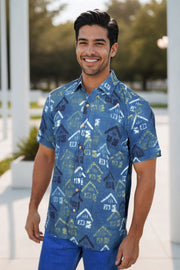 Blue Half Sleeve Ajrakh Printed Cotton Mens Shirt 10073052