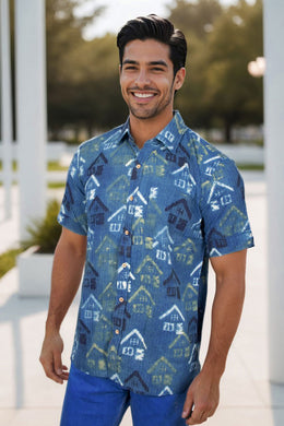 Blue Half Sleeve Ajrakh Printed Cotton Mens Shirt 10073052