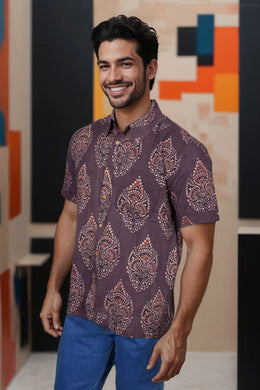 Brown Half Sleeve Ajrakh Printed Cotton Mens Shirt 10073053