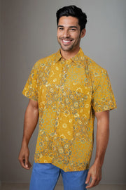 Yellow Half Sleeve Ajrakh Printed Cotton Mens Shirt 10073056