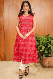 Red Hand Embroidered Cotton Kurta 10062664