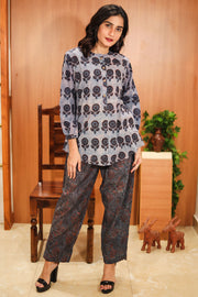 Denim Blue Hand Block Printed Cotton Kurti & Pant Set 10062679