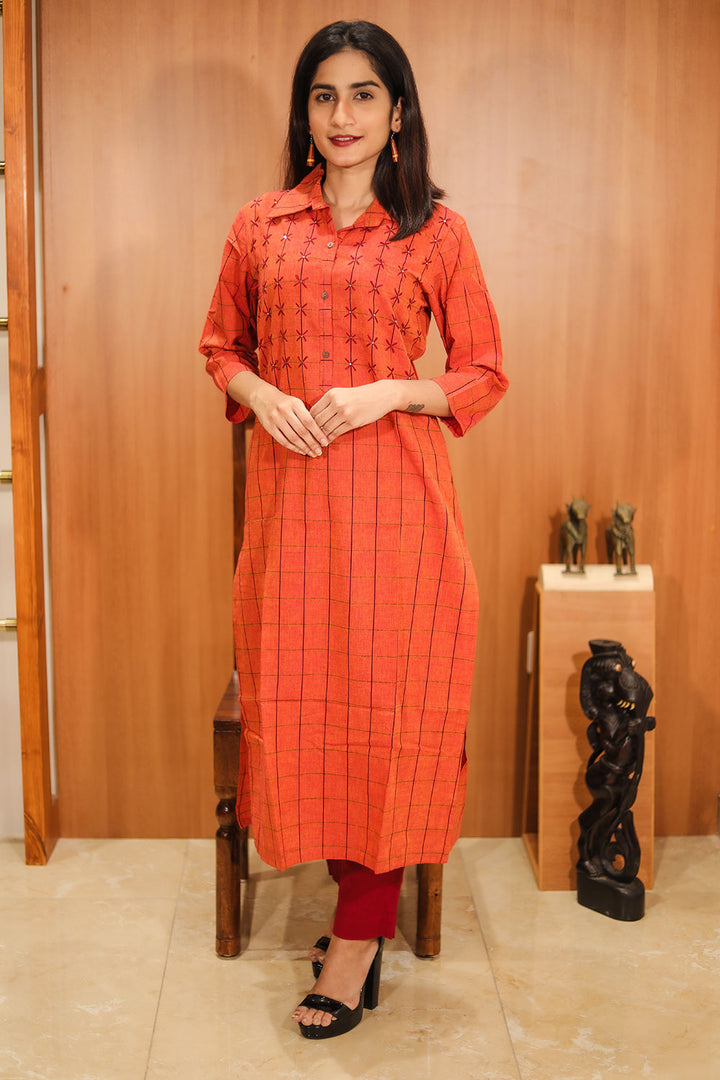 Rustic Red Hand Embroidered Cotton Kurta 