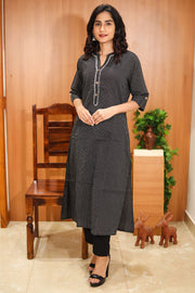 Rustic Black Hand Embroidered Cotton Kurta 