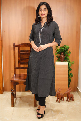 Rustic Black Hand Embroidered Cotton Kurta 