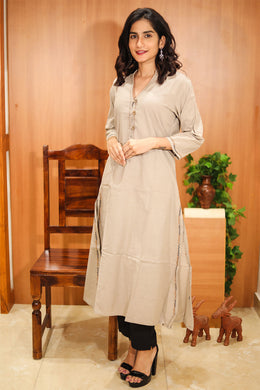 Beige Hand Embroidered Cotton Kurta 10062685