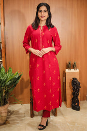 Red Hand Embroidered Cotton Kurta 10062687