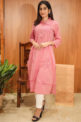 Pink Hand Embroidered Cotton Kurta 10062690