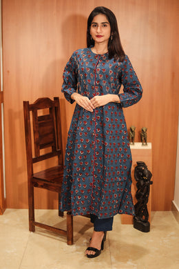 Indigo Hand Block Printed Cotton Kurta 10062691