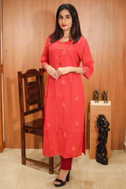 Reddish Orange Hand Embroidered Cotton Kurta 10062692