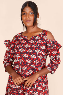 Scarlet Red Hand Block Printed Cotton Dress 10075949