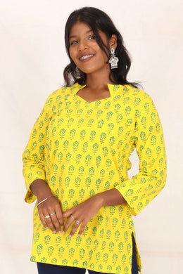 Yellow Kutchi Hand Block Printed Cotton Kurti 10071521