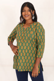 Green Kutchi Hand Block Printed Cotton Kurti 10071523