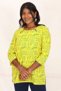 Sunshine Yellow Kutchi Hand Block Printed Cotton Kurti  10071529