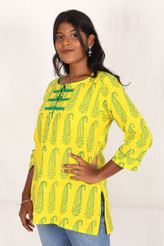 Electric Yellow Kutchi Hand Block Printed Cotton Kurti  10071530
