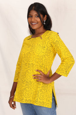 Yellow Rose Kutchi Hand Block Printed Cotton Kurti 10071532