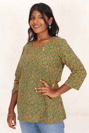 Dark Sea Green Kutchi Hand Block Printed Cotton Kurti 10071535