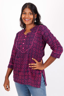 Dark Blue Kutchi Hand Block Printed Cotton Kurti 10071540