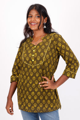 Finch Brown Hand Block Printed Cotton Kurti 10071541