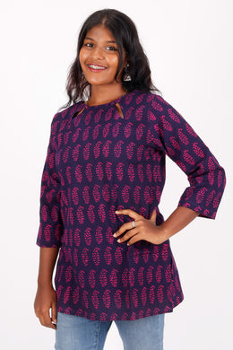 Space Cadet Blue Kutchi Hand Block Printed Cotton Kurti 10071542