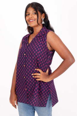 Navy Blue Kutchi Hand Block Printed Cotton Kurti 10071547