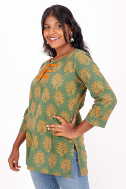 Sage Green Kutchi Hand Block Printed Cotton Kurti 10071548