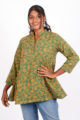 Green Kutchi Hand Block Printed Cotton Kurti 10071557