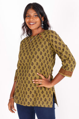 Old Moss Green Bagh Printed Cotton Kurti 10071564