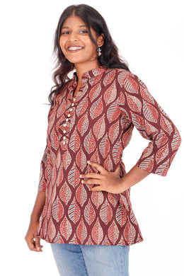 Auburn Brown Ajrakh Printed Cotton Kurti 10072047