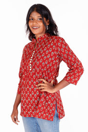 Raspberry Red Ajrakh Printed Cotton Kurti 10072052