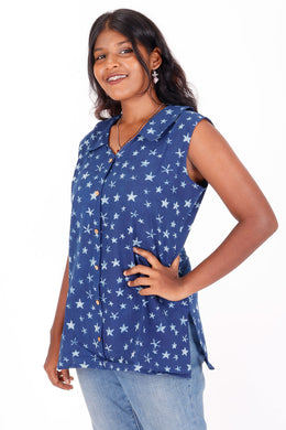 Indigo Star Motif Hand Block Printed Cotton Kurti 10072063