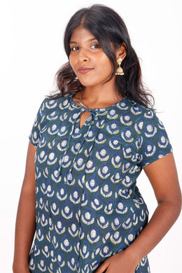 Peacock Blue Jahota Hand Block Cotton Kurti 10072357